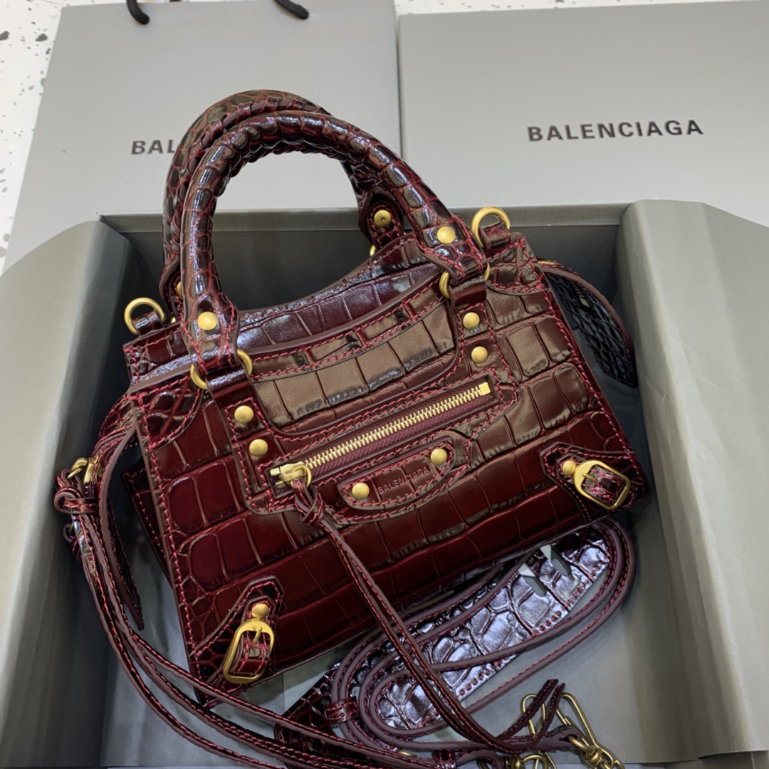 Balenciaga Neo Classic Mini Handbag Crocodile Embossed Shoulder Bag Burgundy